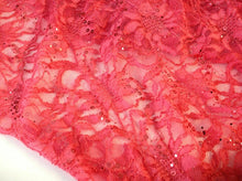 Load image into Gallery viewer, NEW Coral Colour Corded Stretch Lace Fabric Coral Sequins All Over Bling Dress