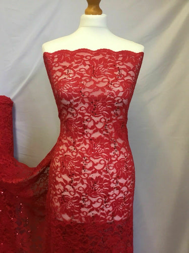 NEW Red Stretch Floral Sequins Corded Lace Double Scalloped Border Fabric Bling