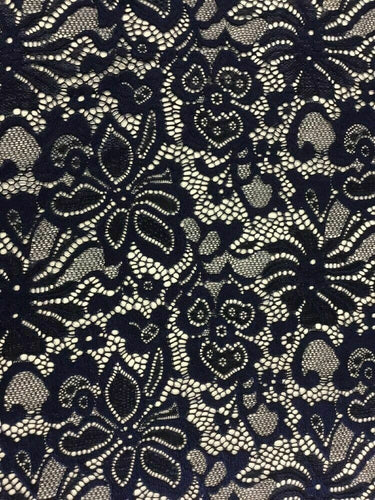 NEW High Class Designer Navy Stretch Net Floral Lace Scalloped Fabric 59