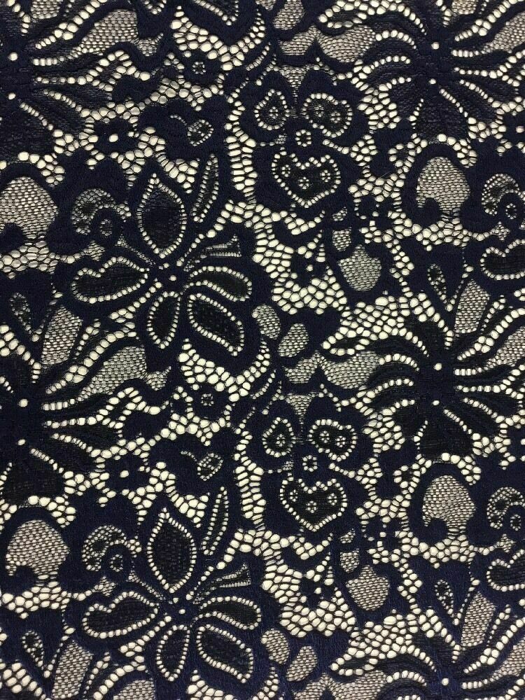 NEW High Class Designer Navy Stretch Net Floral Lace Scalloped Fabric 59