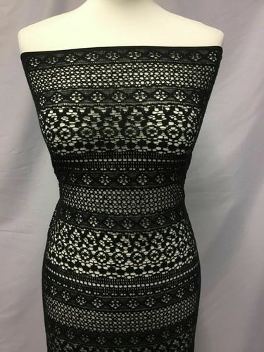 NEW High Class Designer Multi Border Jet Black Lace Fabric 56