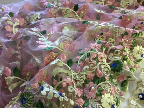 NEW High Class Designer Multi Colour Pearl Floral Border Lace Fabric 54” 139 cm