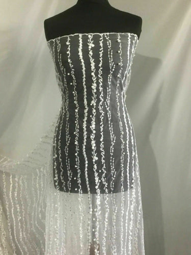 NEW High Class Designer Iced White Bridal Border Floral Pearl Lace Fabric 47”