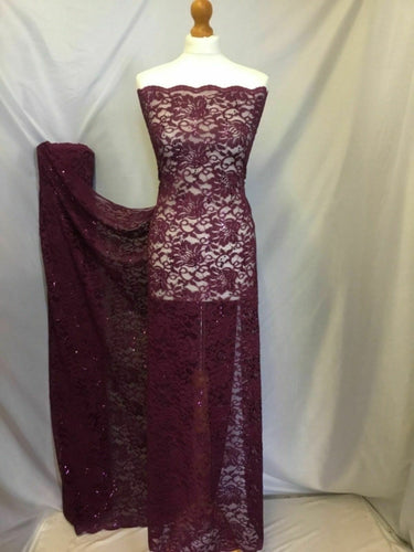 NEW Wine Stretch Floral Sequins Corded Lace Double Scalloped Border Fabric Bling