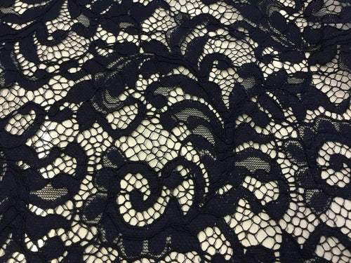 NEW High Class Dark Navy Corded Stretch Floral Scallop Border Lace Fabric 56’’