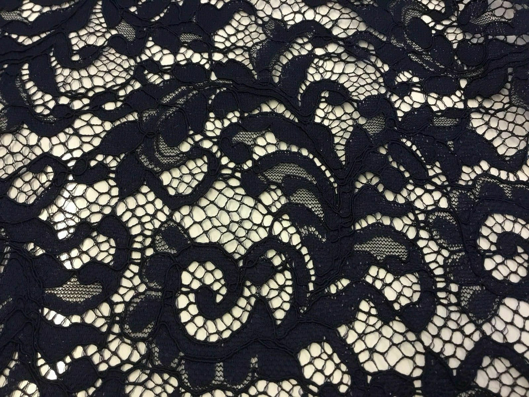 NEW High Class Dark Navy Corded Stretch Floral Scallop Border Lace Fabric 56’’