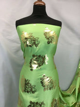 Load image into Gallery viewer, NEW High Class Designer Lime Colour Satin Gold Colour Foil Fabric 59&quot; Material