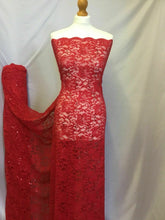 Load image into Gallery viewer, NEW Red Stretch Floral Sequins Corded Lace Double Scalloped Border Fabric Bling