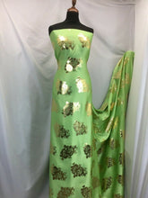 Load image into Gallery viewer, NEW High Class Designer Lime Colour Satin Gold Colour Foil Fabric 59&quot; Material
