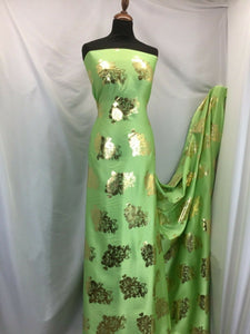NEW High Class Designer Lime Colour Satin Gold Colour Foil Fabric 59" Material