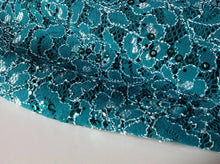 Load image into Gallery viewer, NEW Sea Green Colour Ivory Corded Stretch Lace Fabric Sea Green Sequins Bling It