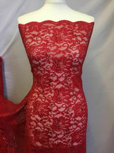 Load image into Gallery viewer, NEW Red Stretch Floral Sequins Corded Lace Double Scalloped Border Fabric Bling