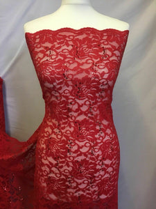 NEW Red Stretch Floral Sequins Corded Lace Double Scalloped Border Fabric Bling