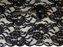 Load image into Gallery viewer, NEW High Class Designer Jet Black Stretch Net Guipure Floral Scalp Lace Fabric
