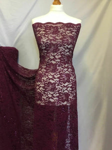NEW Wine Stretch Floral Sequins Corded Lace Double Scalloped Border Fabric Bling