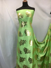 Load image into Gallery viewer, NEW High Class Designer Lime Colour Satin Gold Colour Foil Fabric 59&quot; Material