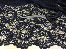 Load image into Gallery viewer, NEW High Class Dark Navy Corded Stretch Floral Scallop Border Lace Fabric 56’’