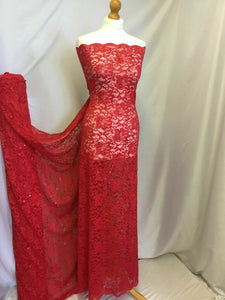 NEW Red Stretch Floral Sequins Corded Lace Double Scalloped Border Fabric Bling