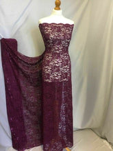 Load image into Gallery viewer, NEW Wine Stretch Floral Sequins Corded Lace Double Scalloped Border Fabric Bling