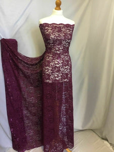NEW Wine Stretch Floral Sequins Corded Lace Double Scalloped Border Fabric Bling