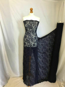 NEW High Class Designer Navy Stretch Net Floral Lace Scalloped Fabric 59" 151 cm