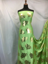 Load image into Gallery viewer, NEW High Class Designer Lime Colour Satin Gold Colour Foil Fabric 59&quot; Material