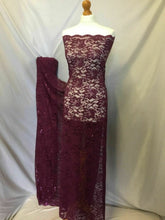 Load image into Gallery viewer, NEW Wine Stretch Floral Sequins Corded Lace Double Scalloped Border Fabric Bling