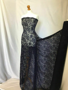 NEW High Class Designer Navy Stretch Net Floral Lace Scalloped Fabric 59" 151 cm
