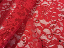Load image into Gallery viewer, NEW Red Stretch Floral Sequins Corded Lace Double Scalloped Border Fabric Bling
