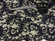 Load image into Gallery viewer, NEW High Class Dark Navy Corded Stretch Floral Scallop Border Lace Fabric 56’’