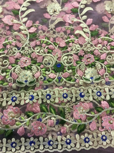 NEW High Class Designer Multi Colour Pearl Floral Border Lace Fabric 54” 139 cm