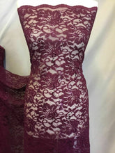 Load image into Gallery viewer, NEW Wine Stretch Floral Sequins Corded Lace Double Scalloped Border Fabric Bling