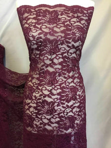 NEW Wine Stretch Floral Sequins Corded Lace Double Scalloped Border Fabric Bling