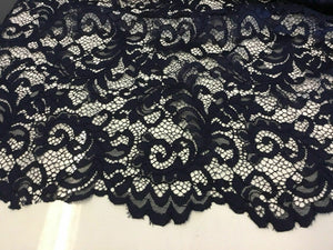 NEW High Class Dark Navy Corded Stretch Floral Scallop Border Lace Fabric 56’’