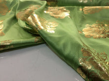Load image into Gallery viewer, NEW High Class Designer Lime Colour Satin Gold Colour Foil Fabric 59&quot; Material