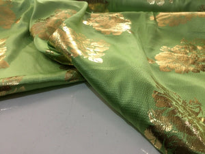 NEW High Class Designer Lime Colour Satin Gold Colour Foil Fabric 59" Material