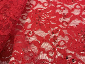 NEW Red Stretch Floral Sequins Corded Lace Double Scalloped Border Fabric Bling