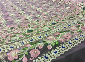 NEW High Class Designer Multi Colour Pearl Floral Border Lace Fabric 54” 139 cm