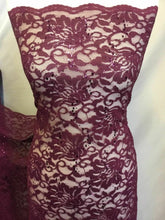 Load image into Gallery viewer, NEW Wine Stretch Floral Sequins Corded Lace Double Scalloped Border Fabric Bling