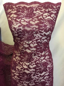 NEW Wine Stretch Floral Sequins Corded Lace Double Scalloped Border Fabric Bling
