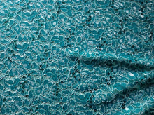 Load image into Gallery viewer, NEW Sea Green Colour Ivory Corded Stretch Lace Fabric Sea Green Sequins Bling It