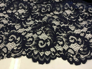 NEW High Class Dark Navy Corded Stretch Floral Scallop Border Lace Fabric 56’’