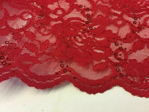 NEW Red Stretch Floral Sequins Corded Lace Double Scalloped Border Fabric Bling