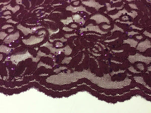 NEW Wine Stretch Floral Sequins Corded Lace Double Scalloped Border Fabric Bling