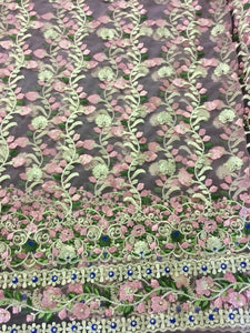 NEW High Class Designer Multi Colour Pearl Floral Border Lace Fabric 54” 139 cm