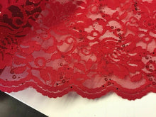 Load image into Gallery viewer, NEW Red Stretch Floral Sequins Corded Lace Double Scalloped Border Fabric Bling