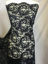 Load image into Gallery viewer, NEW High Class Dark Navy Corded Stretch Floral Scallop Border Lace Fabric 56’’