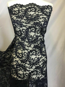 NEW High Class Dark Navy Corded Stretch Floral Scallop Border Lace Fabric 56’’