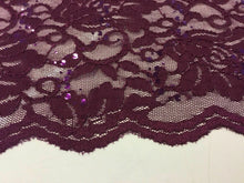 Load image into Gallery viewer, NEW Wine Stretch Floral Sequins Corded Lace Double Scalloped Border Fabric Bling