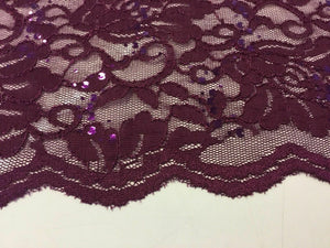 NEW Wine Stretch Floral Sequins Corded Lace Double Scalloped Border Fabric Bling